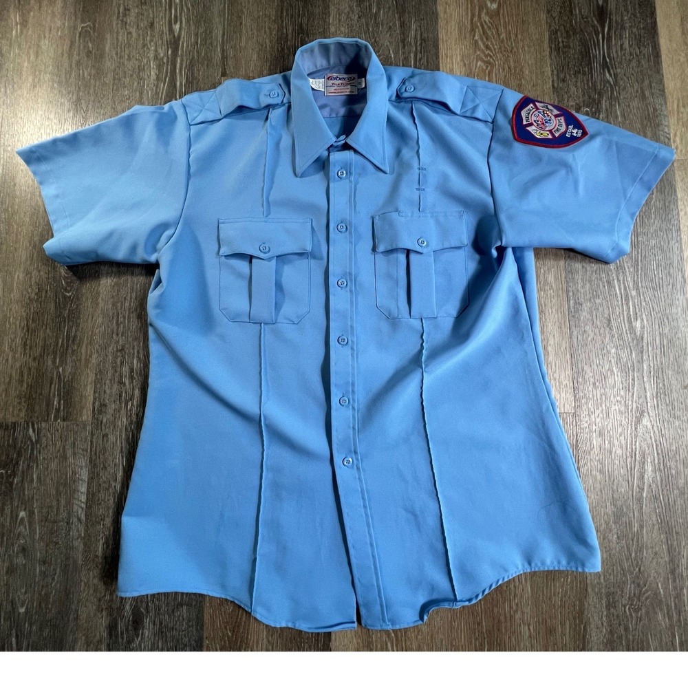 Elbeco Uniform Shirt Mens 17 Blue Short Sleeve Pensacola Fire Dept Patch 4244